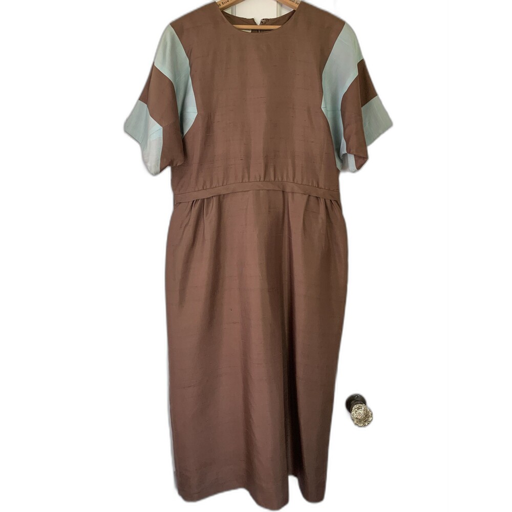 Vintage 50s Color Block Dress, Mid Century Brown Blue, Size L